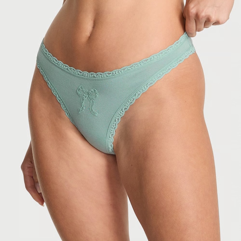 Victoria's Secret Lace Trim Cotton Lace Bow Thong Panty Green Stone L NEW - Picture 2 of 6